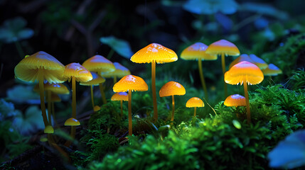Fototapeta premium Illuminated Mushrooms in Enchanted Forest Scene
