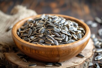 Front view of a wooden bowl full of sunflower seeds 