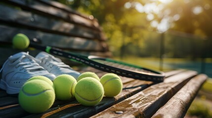 Tennis balls and racket on a wooden bench