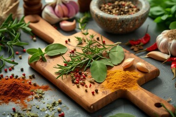 Front view of a wooden cutting board with some fresh rosemary leaves on top surrounded by some spices 
