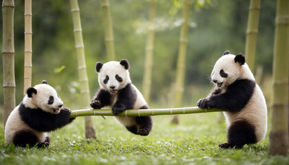 Panda babies mastering their balancing skills through playing with a bamboo branch