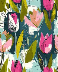 Seamless Pattern - Blumen, Tulpen, Frühling - obrazy, fototapety, plakaty