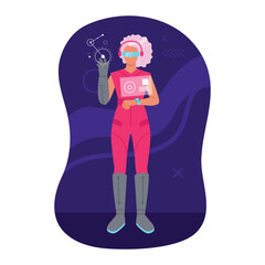 Vector illustration of virtual reality. Cartoon scene of a girl with headphones,glasses and a virtual reality glove,dressed in a pink suit, touching the screen on a white background.Metaverse.