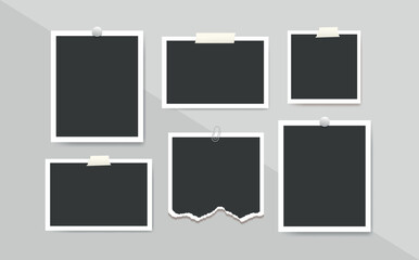 Polaroid Blank photo frames collage glued tape on gray wall. Photography empty picture 