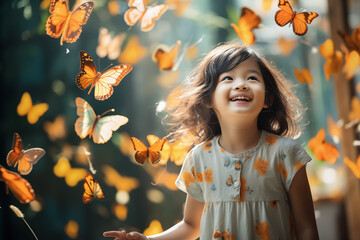 Adorable girl delighting in the beauty of butterflies. The concept celebrates the innocence and fascination of childhood. Generative AI.