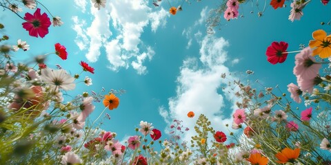 Lush wildflower meadow viewed from below, vivid colors against blue sky. perfect for backgrounds. nature's beauty captured in springtime. AI - obrazy, fototapety, plakaty