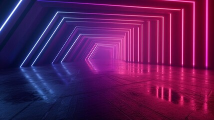 3D render of an abstract neon background featuring dynamic glowing lines in a dark room with floor reflection. Fluorescent ribbon