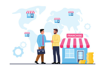 Vector illustration of concluding a franchise agreement. Cartoon scene of men concluding a franchise agreement between a brand owner and a buyer and a world map isolated on a white background.