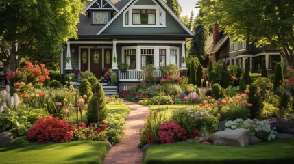 Fototapeta na wymiar An image capturing a front yard garden with Victorian-inspired flower beds, showcasing intricate plant arrangements, and classic garden aesthetics.