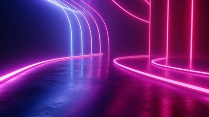 3D render of an abstract neon background featuring dynamic glowing lines in a dark room with floor reflection. Fluorescent ribbon