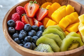 High angle view closeup of a wooden bowl full of fresh multicolored fruits 