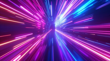 
3D render of an abstract, vibrant neon background featuring ultra violet rays, glowing lines, and the illusion of speed of light - obrazy, fototapety, plakaty