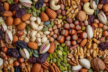 High angle view of a background made of various scattered nuts. 