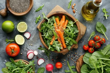 High angle view of a healthy fresh salad bowl 