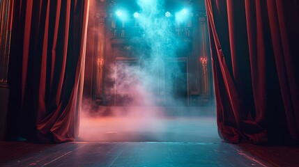 Mysterious stage with glowing lights and curtains. theater setting with fog. creative concept for performance backgrounds. ideal for artistic promotions. AI - obrazy, fototapety, plakaty