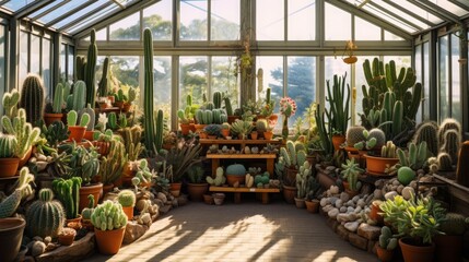 Scenes of a greenhouse dedicated to cacti and succulents, showcasing a diverse collection of these water-wise plants