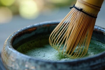 Japanese matcha tea with a bamboo whisk