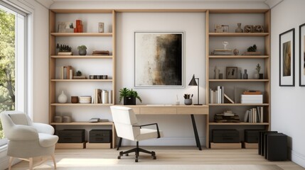 Scenes of a modern minimalist home office with clean lines, contemporary furniture, and a clutter-free workspace.