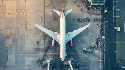 Bird's-eye view of an airport with an airplane maneuvering towards the terminal gate. - obrazy, fototapety, plakaty