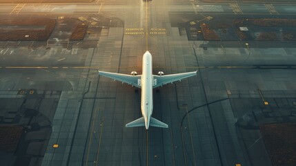 Bird's-eye view of an airport with an airplane maneuvering towards the terminal gate.