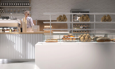 Bakery display shelf with bread, bun, female barista working at modern white brick wall cafe behind wooden counter, with professional espresso machine for bakery, coffee shop, restaurant business 3D - obrazy, fototapety, plakaty