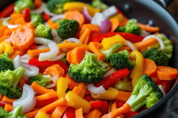 Top view close up of a cooking pan full of multicolored chopped vegetables ready to be stir fried. 