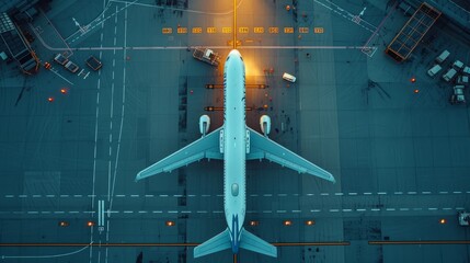 Bird's-eye view of an airport with an airplane maneuvering towards the terminal gate. - obrazy, fototapety, plakaty