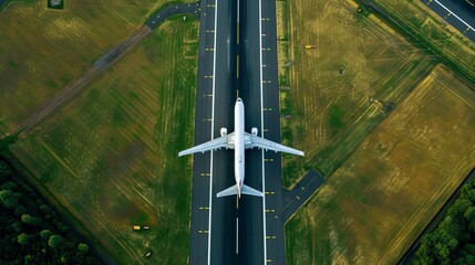 Bird's-eye view of an airport with an airplane maneuvering towards the terminal gate.