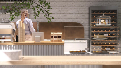 Wooden countertop counter in modern loft, white brick wall coffee shop cafe with counter, espresso machine, cash register, cake display, beverage fridge for restaurant decoration background 3D © Sue Tansirimas
