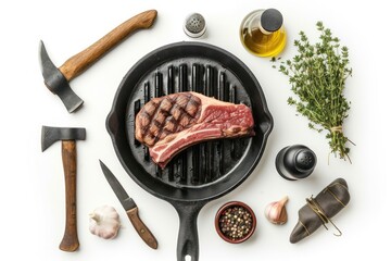 Top view of a beaf steak on a cast iron grill surrounded by an axe, a pepper shaker, a garlic glove, thyme and olive oil isolated on white background.