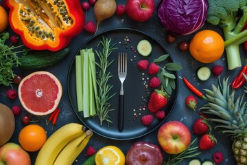 Top view of a black plate with a fork and a table knife on top, surrounded by various rainbow colored fruits and vegetables 