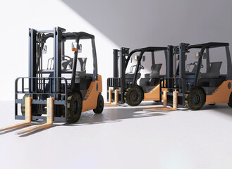 Three orange and black forklift parking in white warehouse in sunlight, shadow for shipping, freight business 3D