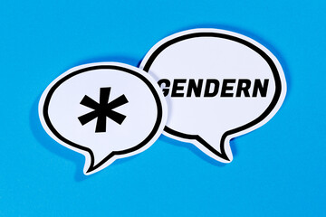 Gendern mit Gendersternchen als Symbol für gendergerechte Sprache in Sprechblasen Kommunikation Konzept reden - 728299595