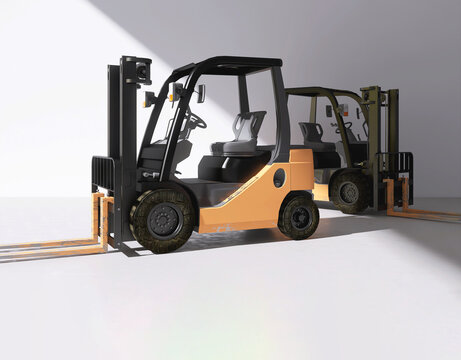 Two orange and black forklift parking in white warehouse in sunlight, shadow for shipping, freight business 3D