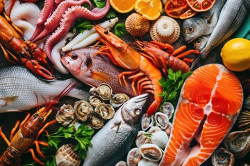 Top view of a multicolored background made of various kinds of fresh fish and seafood 