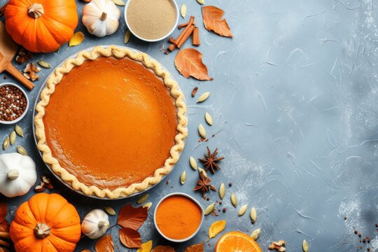 Top view of a pumpkin pie surrounded by some ingredients disposed at the top of the image an leaving a useful copy space 