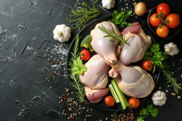 Top view of a whole raw chicken with various chicken thighs and chicken breast with some herbs and vegetables on a black patterned background.  - obrazy, fototapety, plakaty