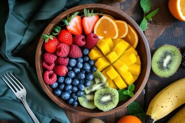 Top view of a wooden bowl full of fresh multicolored fruits like mango, strawberries, kiwi fruit, tangerine, blueberries, raspberries and banana. - Powered by Adobe