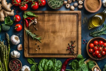 Top view of a wooden cutting board surrounded by various raw fresh and healthy vegetables, spices and aromatic herbs 
