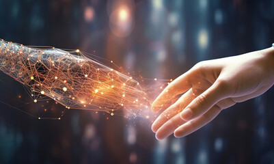 Artificial intelligence, machine learning, touching the hand of artificial intelligence and humans to big data networks, data exchange, deep learning, futuristic innovations