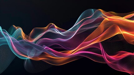 Elegant and vibrant abstract lines on a black backdrop. Colorful, undulating lines that add a dynamic touch to fantasy design. 3D rendering, isolated image on a black background.