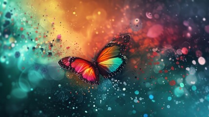 Fototapeta na wymiar Beautiful colorful wallpaper with cute butterfly flying, colorful dots