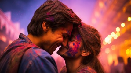 Couple in love amidst Holi festival colors
