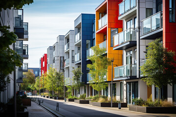 Modern development of a residential area with bright building facades. Generated by artificial intelligence
