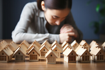 Difficulty finding housing. Wooden house models on the table next to the girl. Generated by artificial intelligence