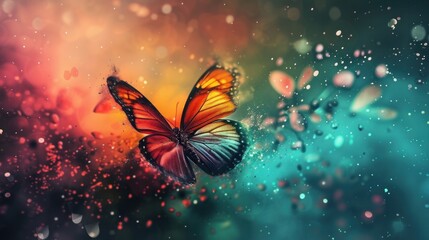 Beautiful colorful wallpaper with cute butterfly flying, colorful dots