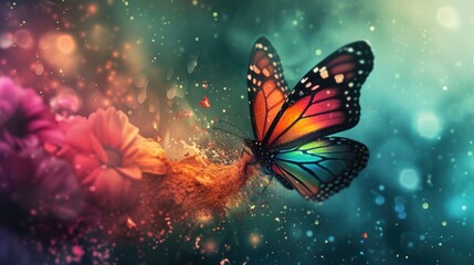 Fototapeta na wymiar Beautiful colorful wallpaper with cute butterfly flying, colorful dots