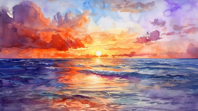 Breathtaking sunset above the ocean captured in a watercolor painting on canvas, showcasing a serene sea landscape