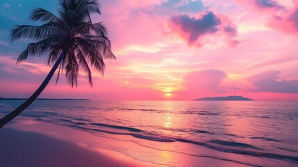 Fototapeta na wymiar Captivating sunset at a tropical beach with palm trees and a pink sky, perfect for travel and vacation during holiday relaxation.
