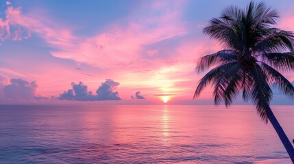 Fototapeta na wymiar Captivating sunset at a tropical beach with palm trees and a pink sky, perfect for travel and vacation during holiday relaxation.